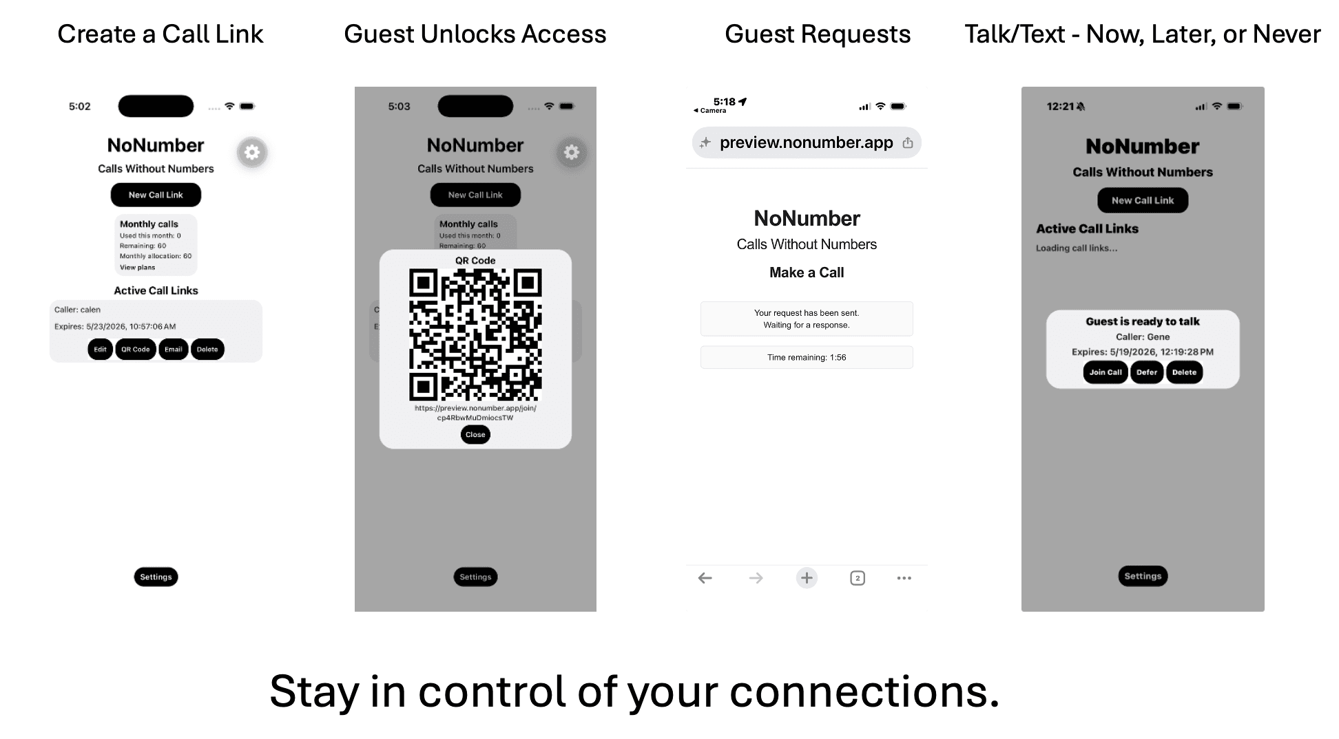 How NoNumber works: create a call link, guest unlocks call access, guest requests a call, then you decide whether to talk now, later, or never.